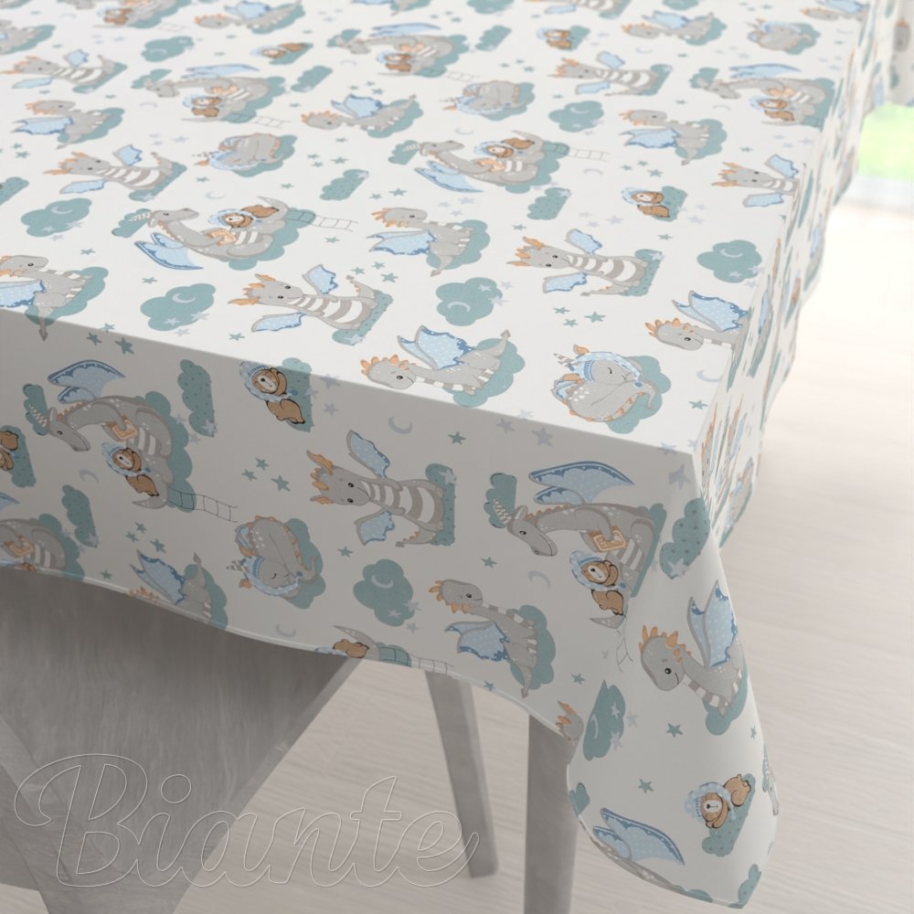 Dětský bavlněný obdélníkový ubrus Sandra SA-689 Dráčci s medvídky na modrozelených obláčcích na bílém - Biante.cz