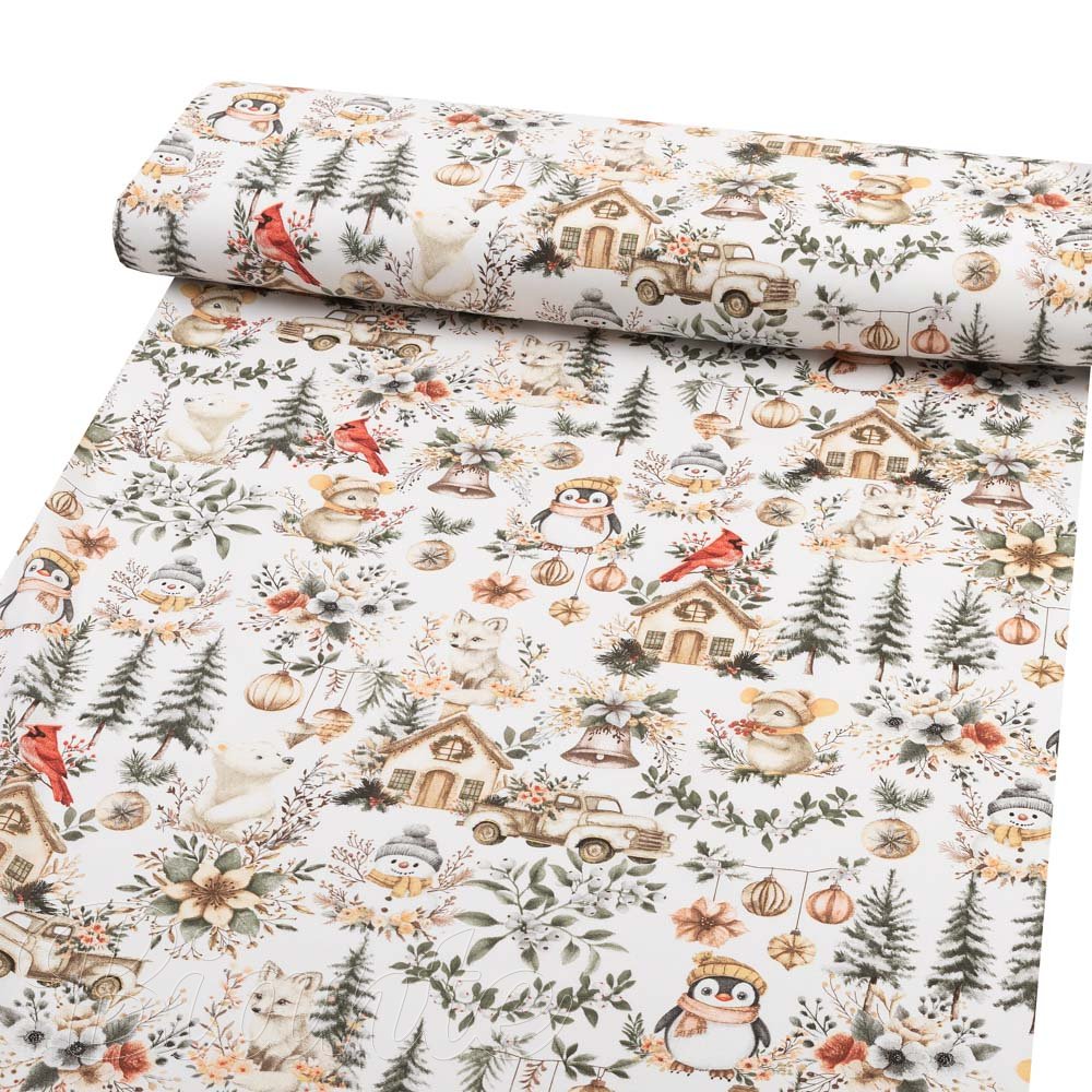 Bavlněná látka/plátno Sandra SA-709 Zimní pohádka zeleno-hnědá na bílém - šířka 160 cm - detail 1 - Biante.cz