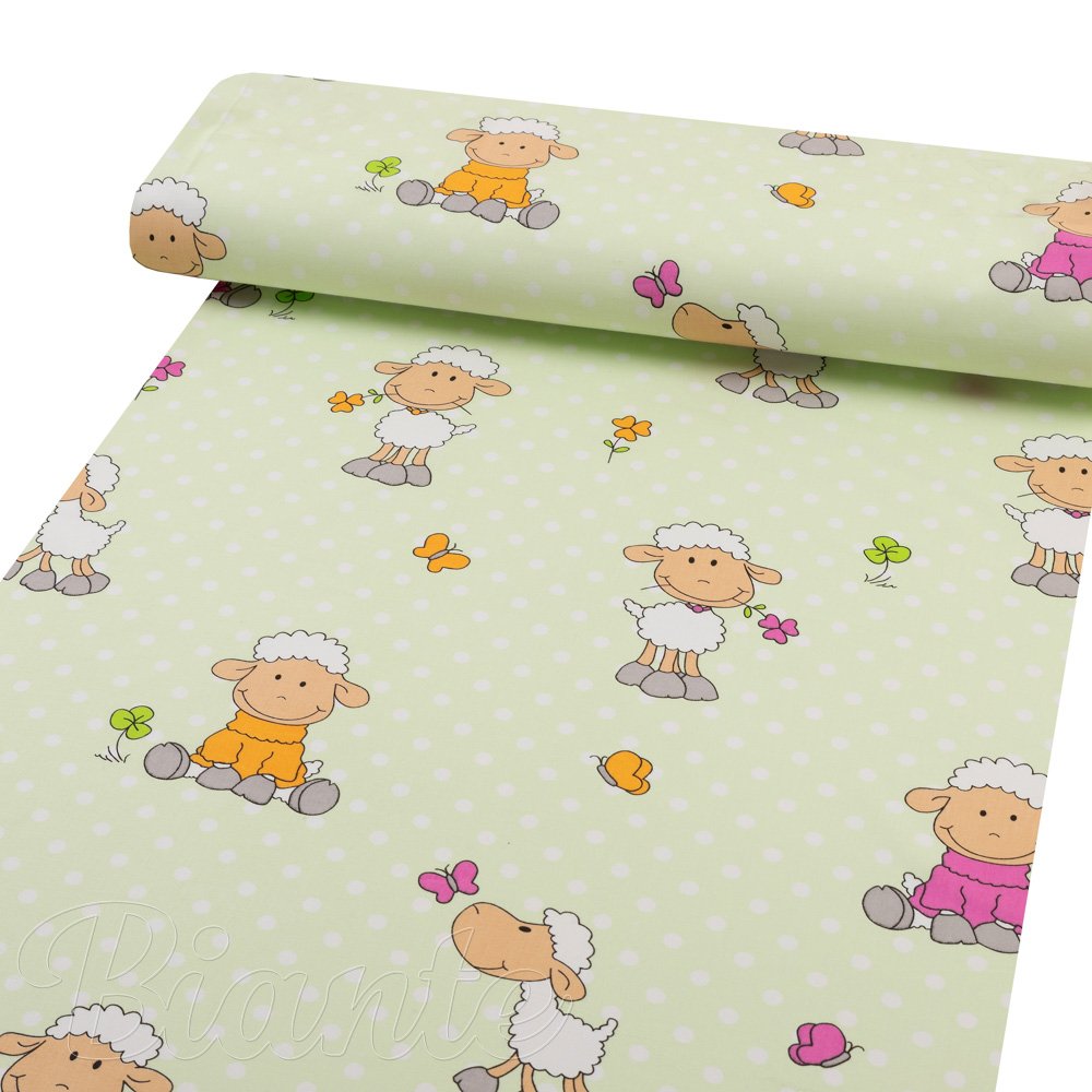 Dětská bavlněná látka/plátno Sandra SA-729 Veselé ovečky na světle zeleném puntíkovaném - šířka 160 cm - detail 1 - Biante.cz