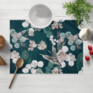 Teflonové prostírání na stůl TF-058 Květy s eukalyptem na tmavě zeleném - Biante.cz