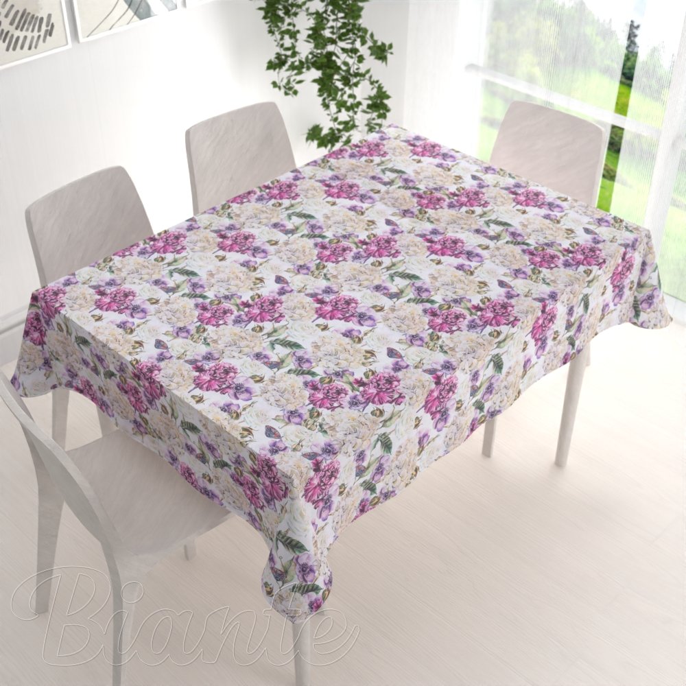 Dekorační obdélníkový ubrus PML-108 Fialové květiny s motýlky na bílém - detail 1 - Biante.cz