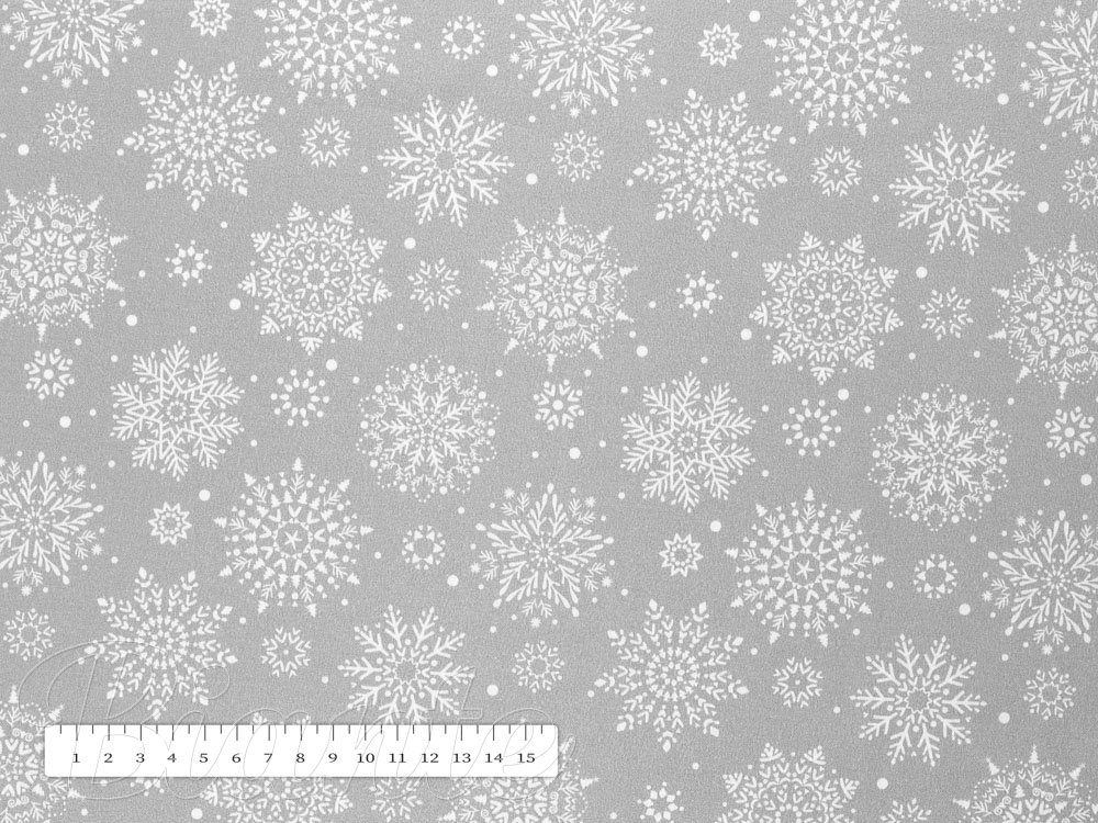 Látka polyesterový satén LUP-504 Sněhové vločky na stříbrném - šířka 145 cm - detail 7 - Biante.cz