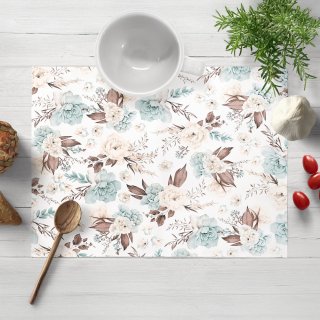 Bavlněné prostírání na stůl Sandra SA-451 Žluto-hnědo-mintové růže na bílém - Biante.cz