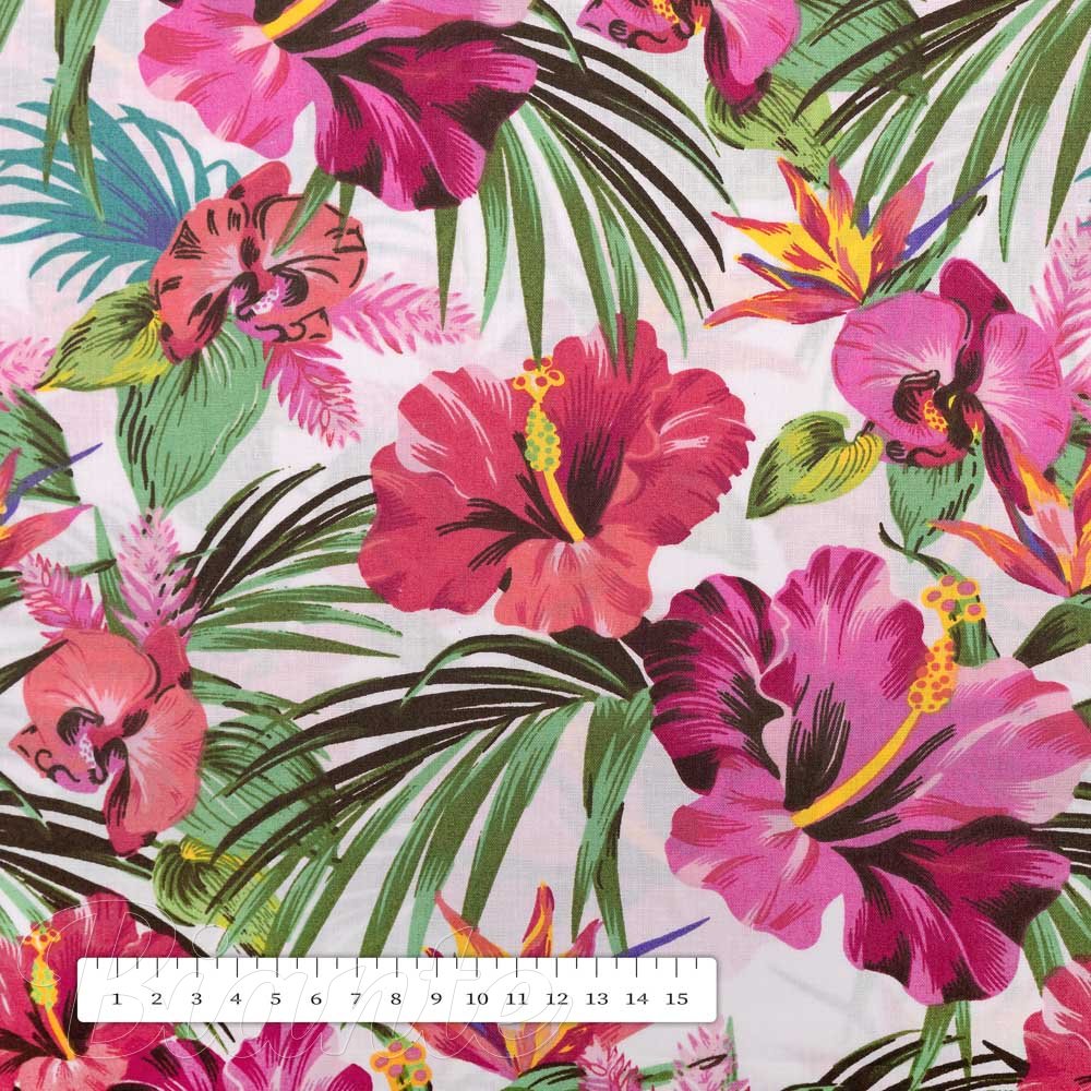 Bavlněná látka/plátno Sandra SA-555 Růžovo-červené havajské květy na bílém - šířka 220 cm - detail 3 - Biante.cz