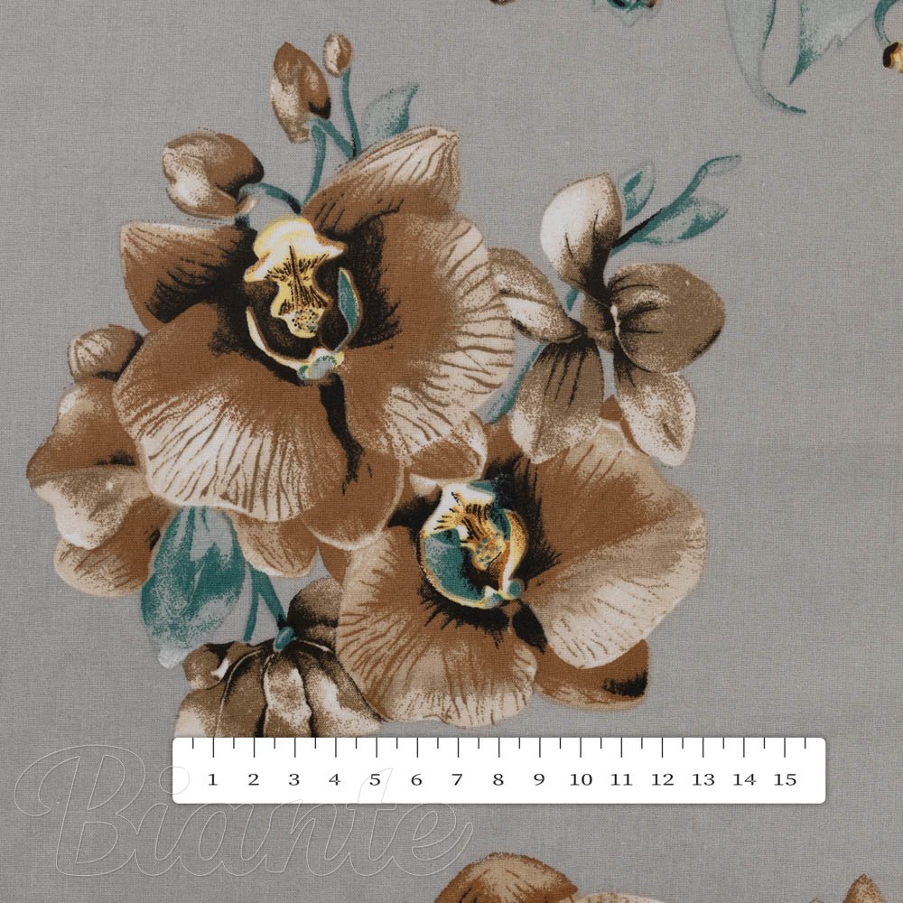 Bavlněná látka/plátno Sandra SA-622 Hnědé orchideje na šedém - šířka 160 cm - detail 3 - Biante.cz