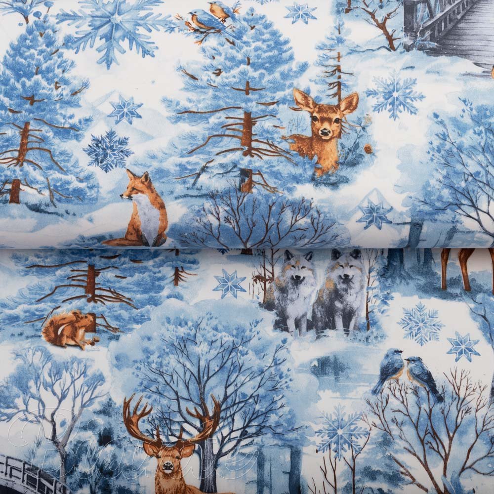 Bavlněná látka/plátno Sandra SA-674 Lesní zvířata v zimním lese na modrém - šířka 160 cm - detail 2 - Biante.cz
