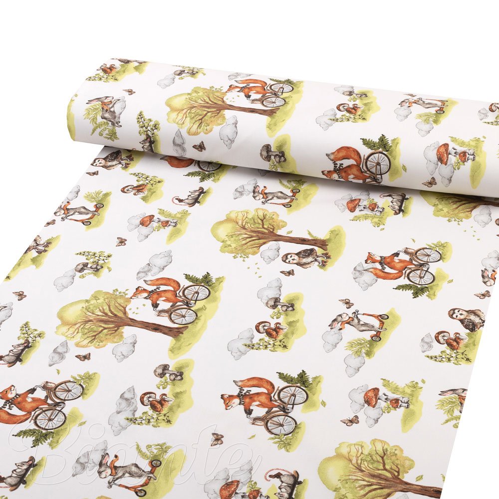 Dětská bavlněná látka/plátno Sandra SA-697 Lišky na kolách - zelené na bílém - šířka 160 cm - detail 1 - Biante.cz
