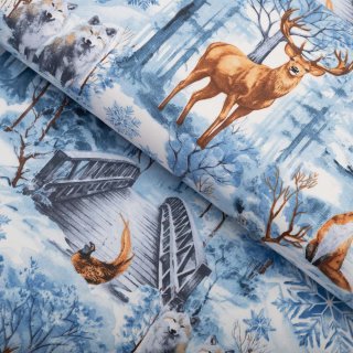 Bavlněná látka/plátno Sandra SA-674 Lesní zvířata v zimním lese na modrém - šířka 160 cm - Biante.cz Bavlněná látka/plátno Sandra SA-674 Lesní zvířata v zimním lese na modrém - šířka 160 cm - Biante.cz