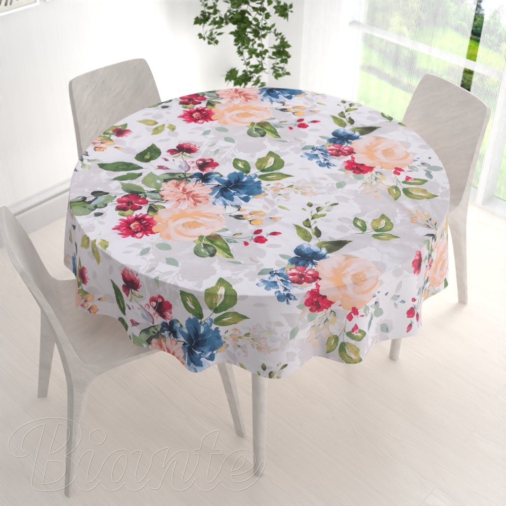 Bavlněný kulatý ubrus Sandra SA-387 Velké žluté a modré květy na bílém - detail 1 - Biante.cz