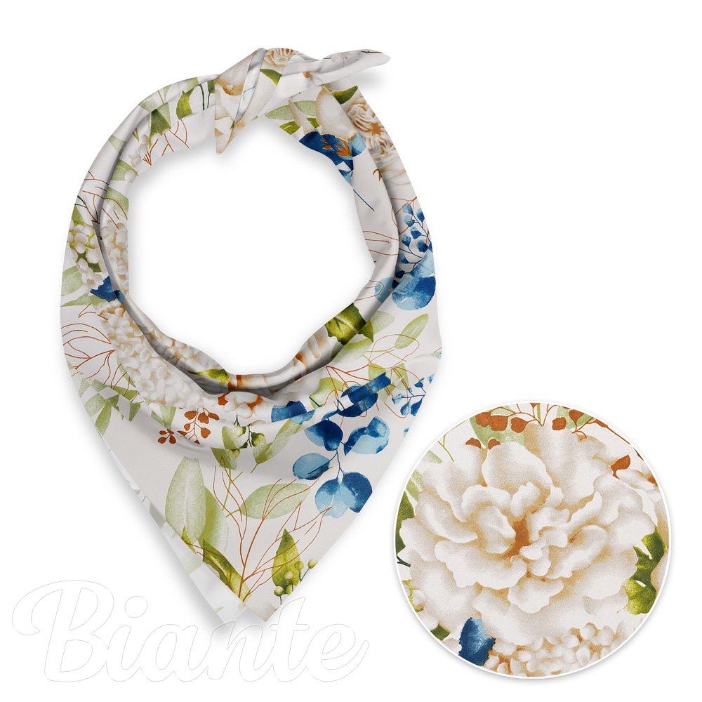 Bavlněný šátek Sandra SA-668 Květy a modro-zelené listy na bílém - Biante.cz