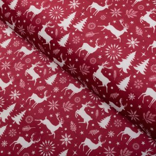 Sametová látka Tamara TMR-045 Vánoční jeleni a stromky na červeném - šířka 145 cm - Biante.cz