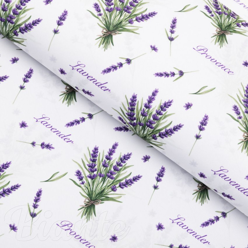 Dekorační látka Rongo RGP-508 Snítky levandulí Provence na bílém - šířka 155 cm - Biante.cz