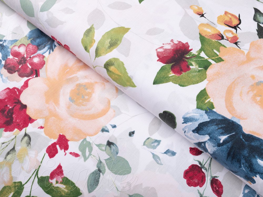 Bavlněná látka/plátno Sandra SA-387 Velké žluté a modré květy na bílém - šířka 160 cm - Biante.cz