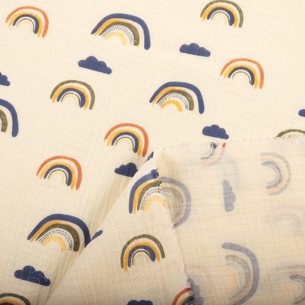 Mušelín dvojitá gázovina MSN-073 Duhy na krémově žlutém - metráž šířka 140 cm - detail 4 - Biante.cz