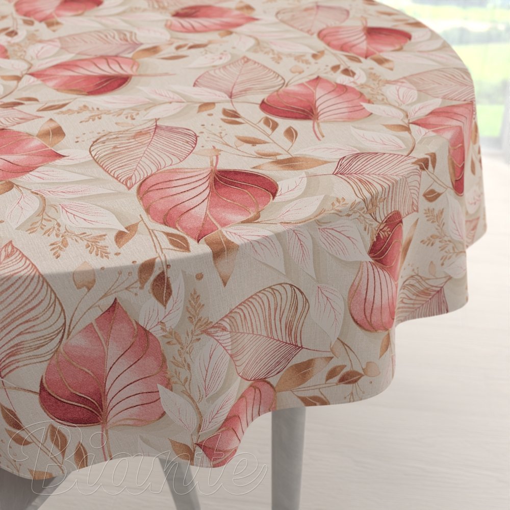 Velký dekorační kulatý ubrus Leona LN-172 Růžovo-vínové listy na režném - Biante.cz