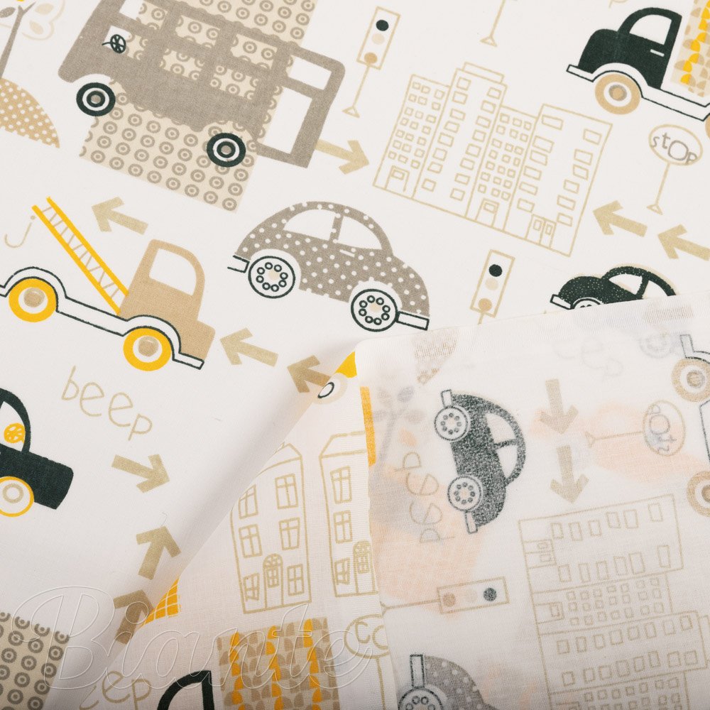 Dětská bavlněná látka/plátno Sandra SA-672 Žlutá a šedohnědá auta ve městě na bílém - šířka 160 cm - detail 4 - Biante.cz