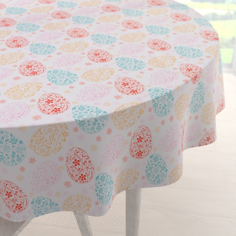 Velikonoční teflonový kulatý ubrus TF-106 Barevné kraslice na bílém - Biante.cz