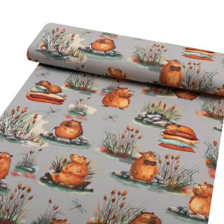 Dětská bavlněná látka/plátno Sandra SA-711 Kapybary na šedém - šířka 160 cm - detail 1 - Biante.cz Dětská bavlněná látka/plátno Sandra SA-711 Kapybary na šedém - šířka 160 cm - detail 1 - Biante.cz