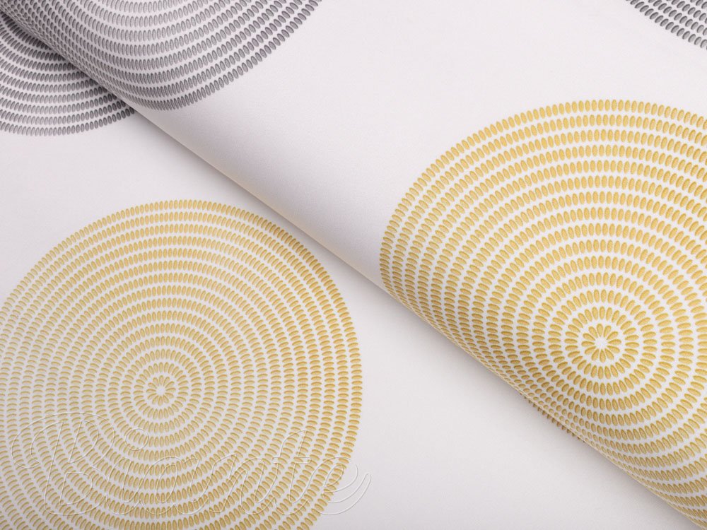 Sametová látka Tamara TMR-023 Žluté a šedé designové kruhy na smetanovém - šířka 150 cm - Biante.cz Sametová látka Tamara TMR-023 Žluté a šedé designové kruhy na smetanovém - šířka 150 cm - Biante.cz