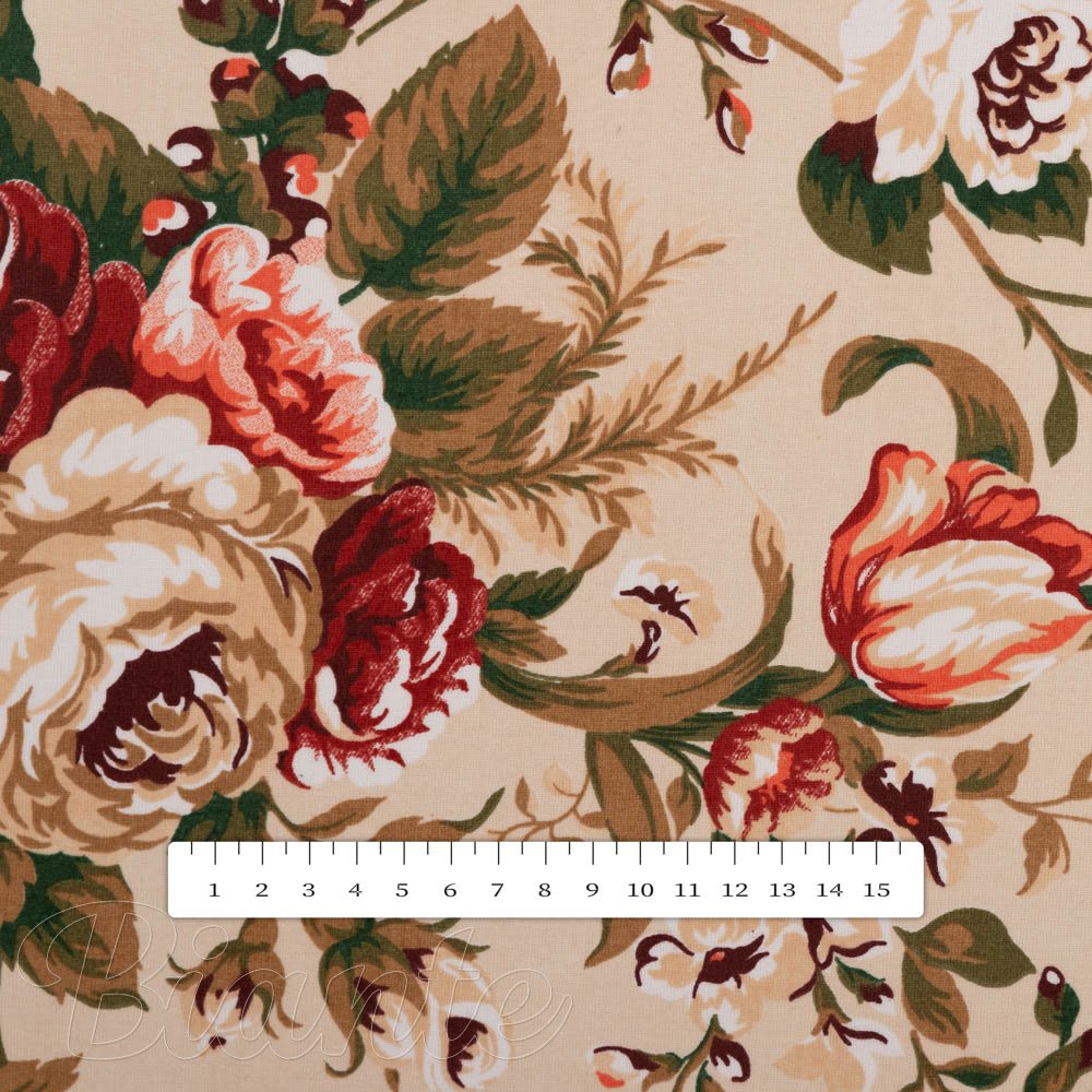 Bavlněná látka/plátno Sandra SA-607 Červené růže na béžovém - šířka 160 cm - detail 3 - Biante.cz