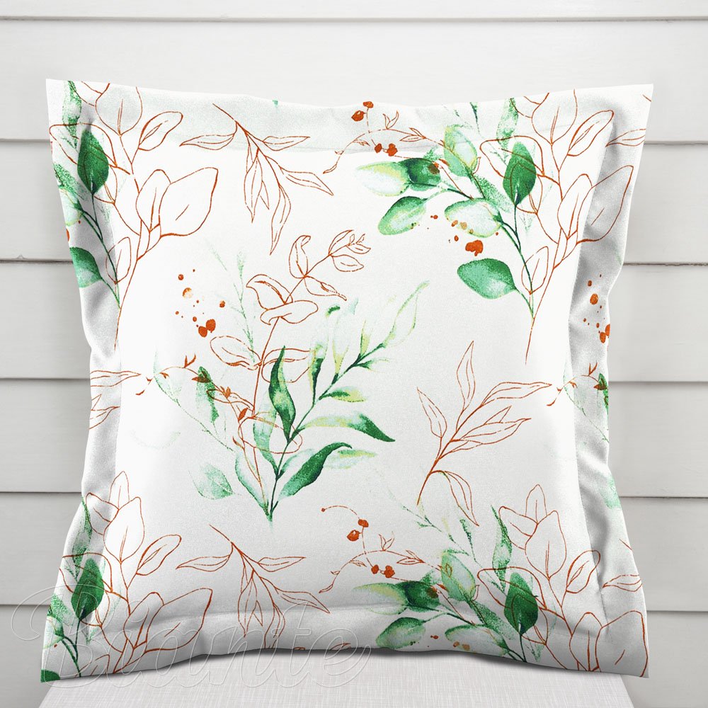 Bavlněný povlak na polštář s lemem Sandra SA-706 Zeleno-hnědé větvičky s lístky na bílém - Biante.cz