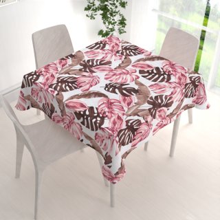 Bavlněný čtvercový ubrus Sandra SA-227 Hnědé a starorůžové tropické listy na bílém - detail 1 - Biante.cz