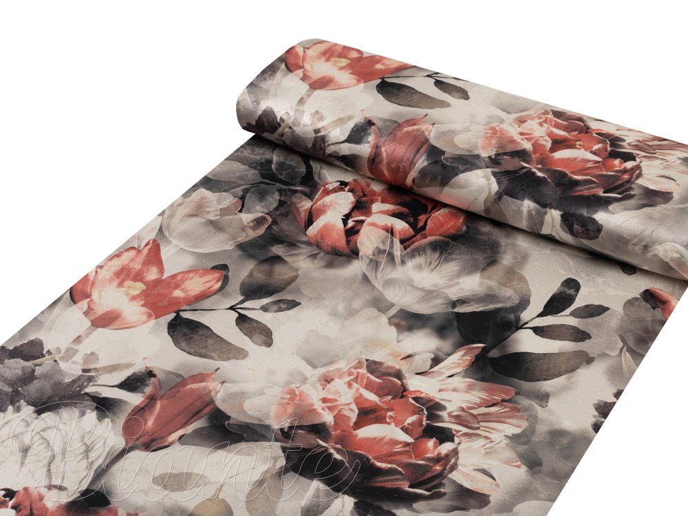 Dekorační látka Parma PM-111 Cihlově červené květy na kouřově šedohnědém - šířka 150 cm - detail 1 - Biante.cz