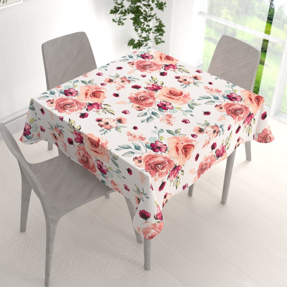 Bavlněný čtvercový ubrus Sandra SA-669 Červeno-růžové akvarelové květy - detail 1 - Biante.cz