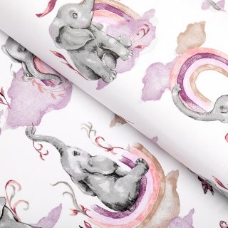 Dětská bavlněná látka/plátno Sandra SA-464 Sloni s fialovou duhou na bílém - šířka 160 cm - Biante.cz