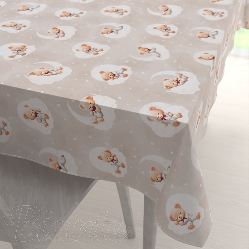 Dětský bavlněný obdélníkový ubrus Sandra SA-744 Spící medvídci na obláčcích na šedobéžovém - Biante.cz