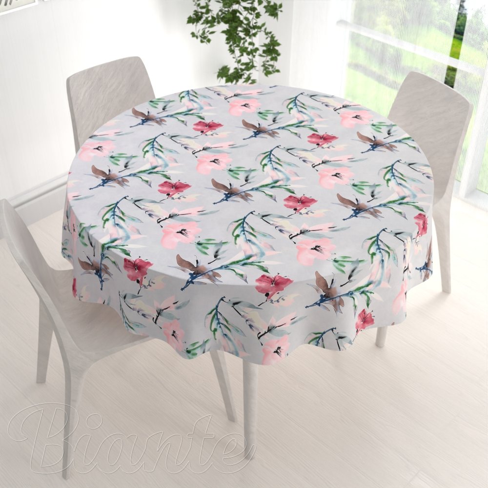 Dekorační kulatý ubrus PM-110 Akvarelové růžové květy na světle šedém - detail 1 - Biante.cz