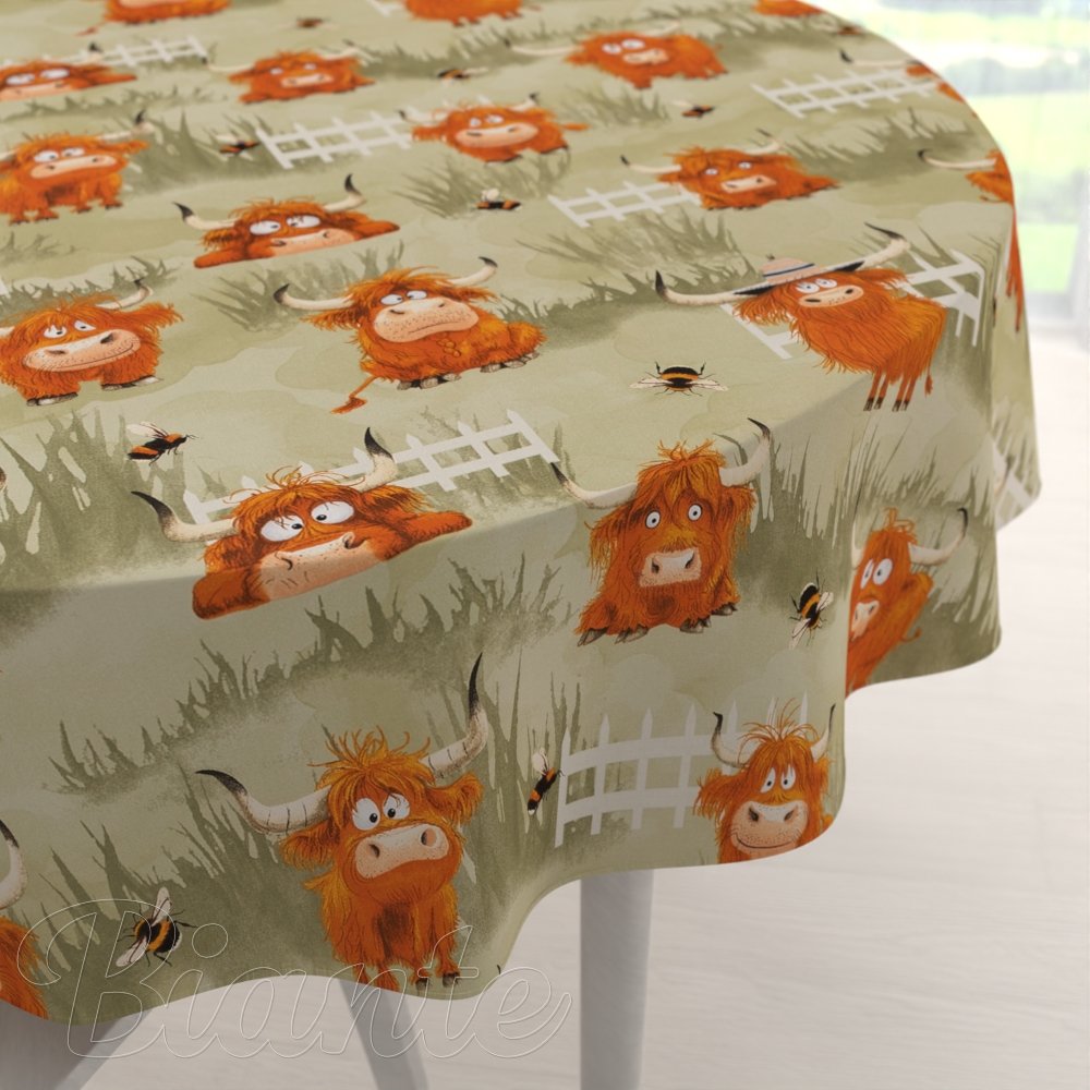 Dětský bavlněný kulatý ubrus Sandra SA-612 Býčci na pastvě na zeleném - Biante.cz