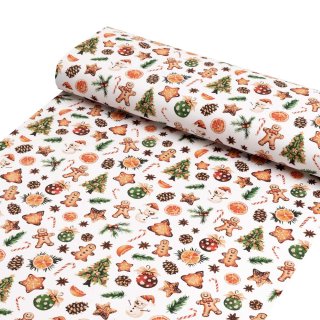 Vánoční bavlněná látka/plátno Sandra SA-516 Vánoční perníčky a ozdoby na bílém - šířka 160 cm - detail 1 - Biante.cz