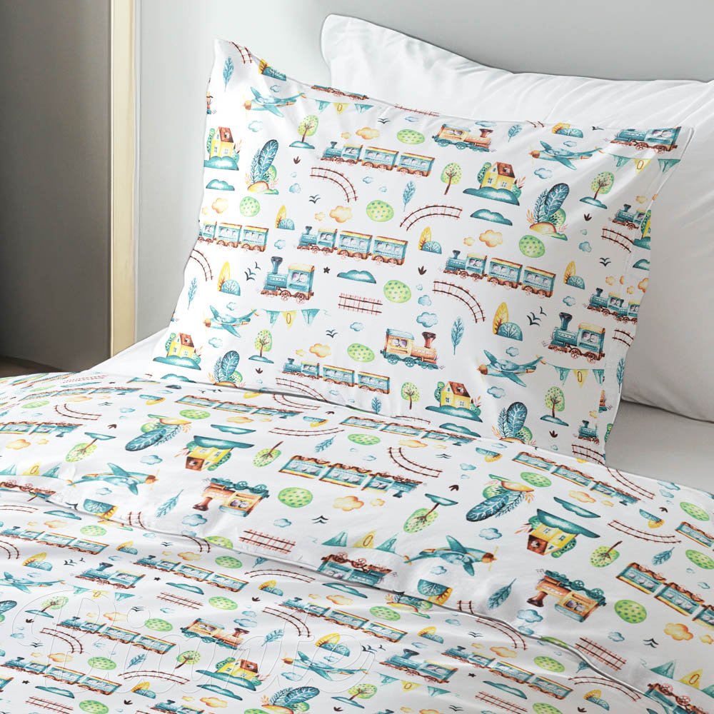 Dětské bavlněné ložní povlečení Sandra SA-659 Modrozelené vláčky s letadýlky na bílém - detail 1 - Biante.cz