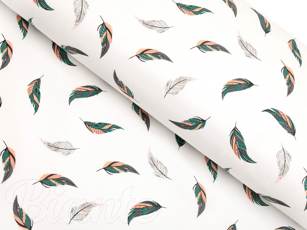 Bavlněná látka/plátno Sandra SA-460 Zeleno-růžová pírka na bílém - šířka 160 cm - Biante.cz