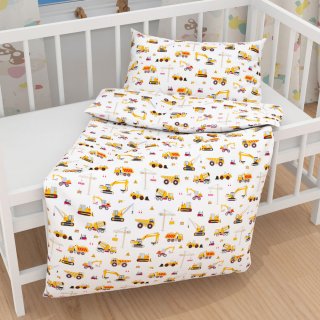 Dětské bavlněné povlečení do postýlky Sandra SA-081 Nákladní auta a bagry na bílém - detail 1 - Biante.cz