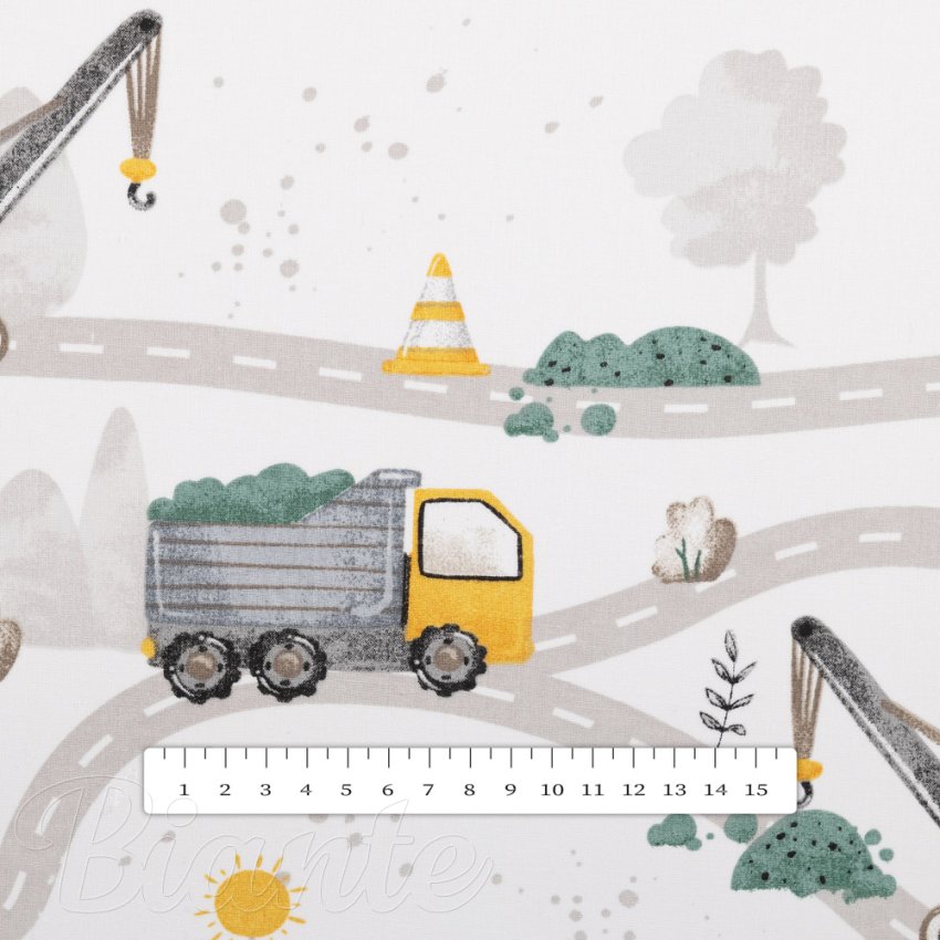 Dětská bavlněná látka/plátno Sandra SA-756 Žluto-zelená auta a bagry na bílém - šířka 160 cm - detail 3 - Biante.cz