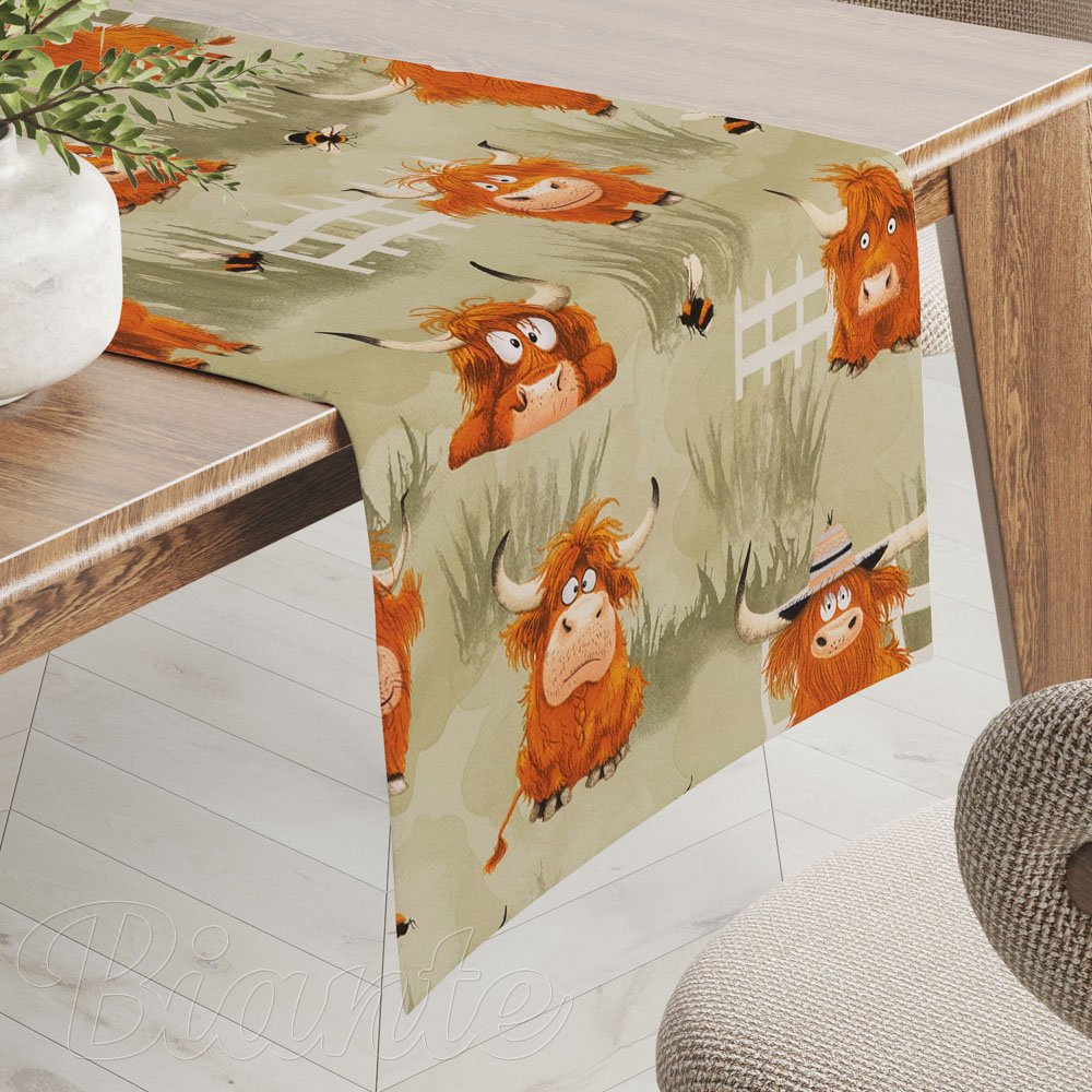 Dětský bavlněný běhoun na stůl Sandra SA-612 Býčci na pastvě na zeleném - Biante.cz