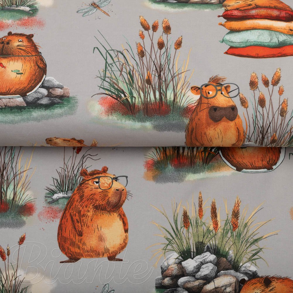 Dětská bavlněná látka/plátno Sandra SA-711 Kapybary na šedém - šířka 160 cm - detail 2 - Biante.cz