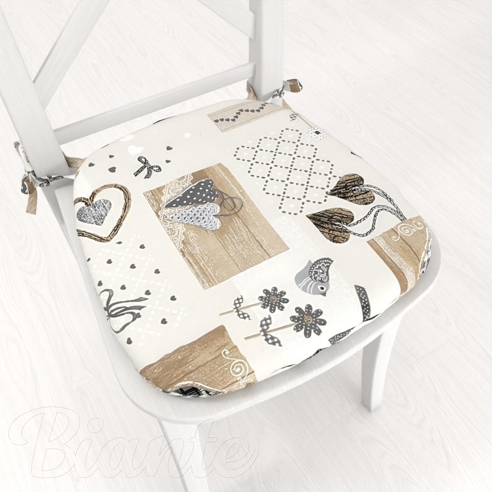 Oblý podsedák Porto PRT-014 Hnědo-šedá srdíčka na krémovém - 39x37x3 cm - Biante.cz