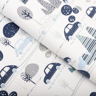 Detská bavlnená látka/plátno Sandra SA-685 Modré autá medzi stromami na bielom - šírka 160 cm - Biante.sk Detská bavlnená látka/plátno Sandra SA-685 Modré autá medzi stromami na bielom - šírka 160 cm - Biante.sk