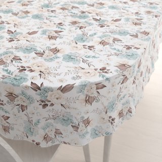 Bavlněný oválný ubrus Sandra SA-451 Žluto-hnědo-mintové růže na bílém - Biante.cz