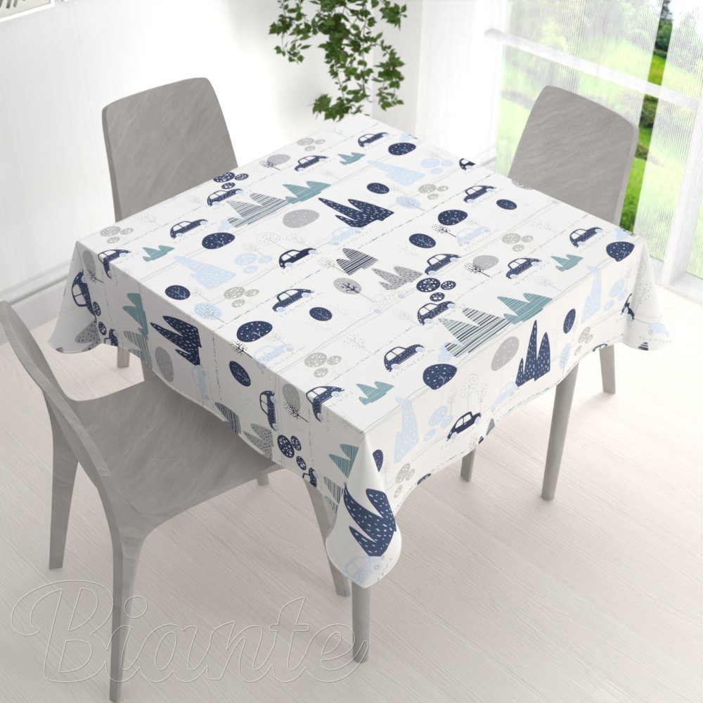 Dětský bavlněný čtvercový ubrus Sandra SA-685 Modrá auta mezi stromy na bílém - detail 1 - Biante.cz