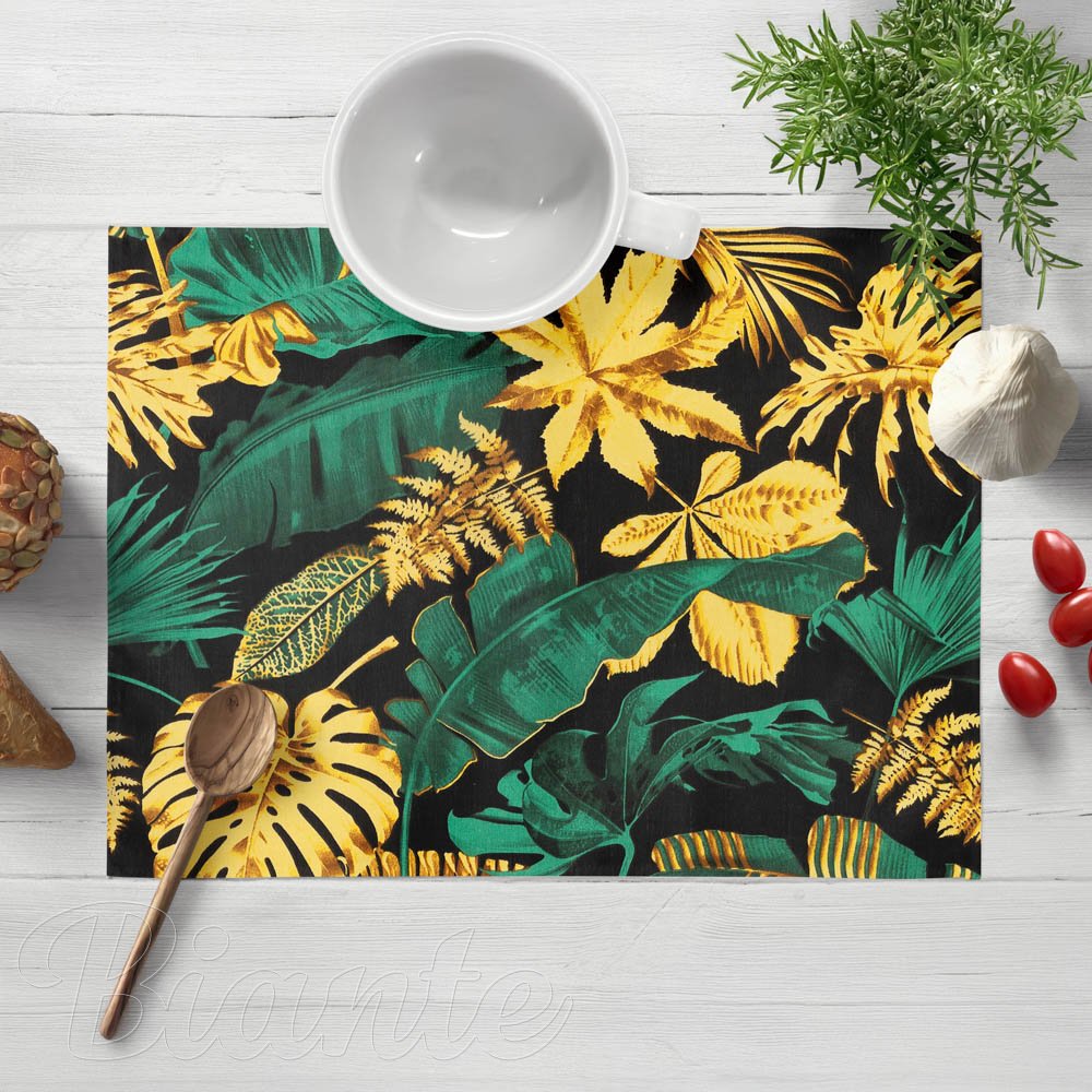 Bavlněné prostírání na stůl Sandra SA-603 Zeleno-zlaté tropické listy na černém - Biante.cz