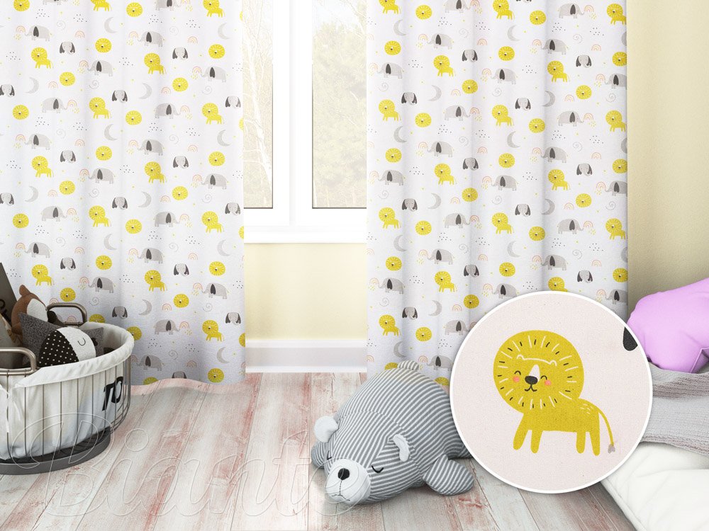 Dětský bavlněný závěs na míru Sandra SA-649 Sloni a lvi na bílém - Biante.cz