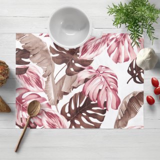 Bavlněné prostírání na stůl Sandra SA-227 Hnědé a starorůžové tropické listy na bílém - Biante.cz