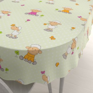 Dětský bavlněný oválný ubrus Sandra SA-729 Veselé ovečky na světle zeleném puntíkovaném - Biante.cz