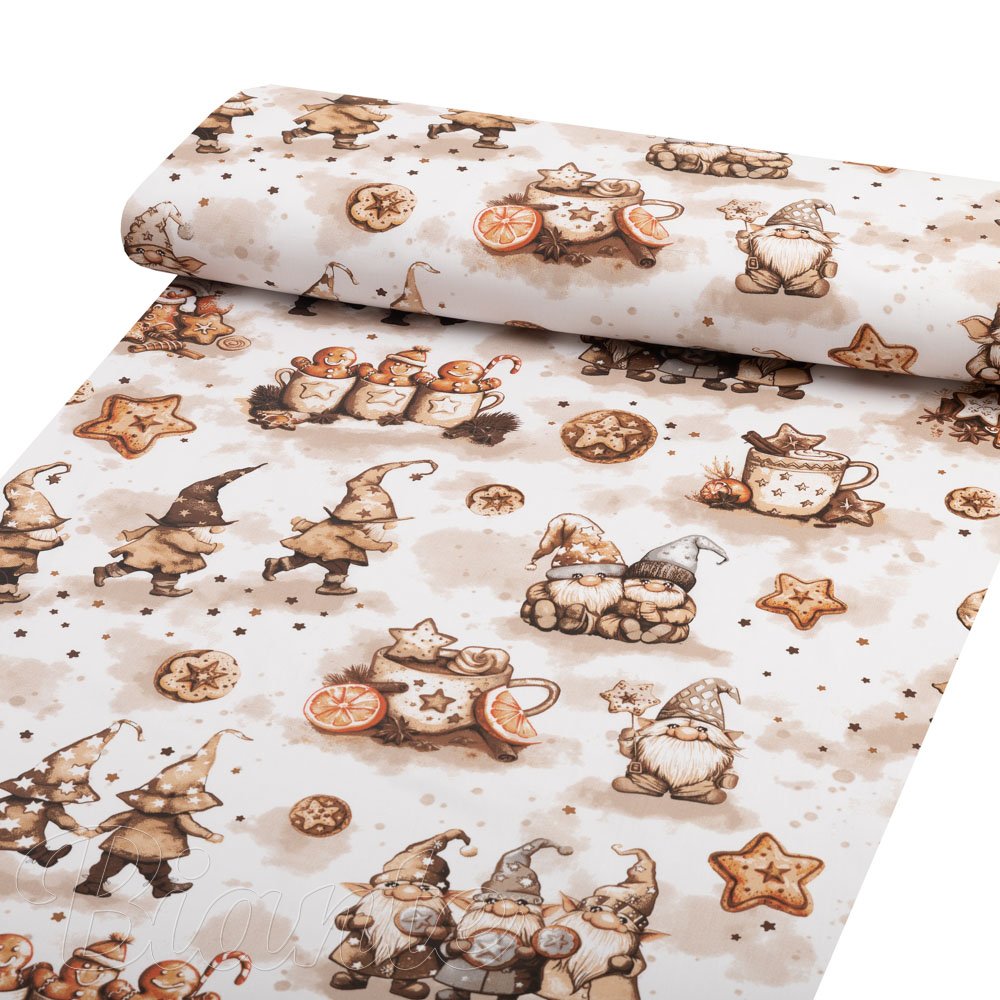 Vánoční bavlněná látka/plátno Sandra SA-663 Hnědí skřítci s perníčky na bílém - šířka 160 cm - detail 1 - Biante.cz