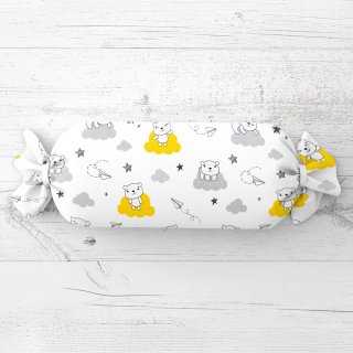 Dětský polštář válec bonbon Sandra SA-725 Medvídci na žluto-šedých mráčcích na bílém - Biante.cz