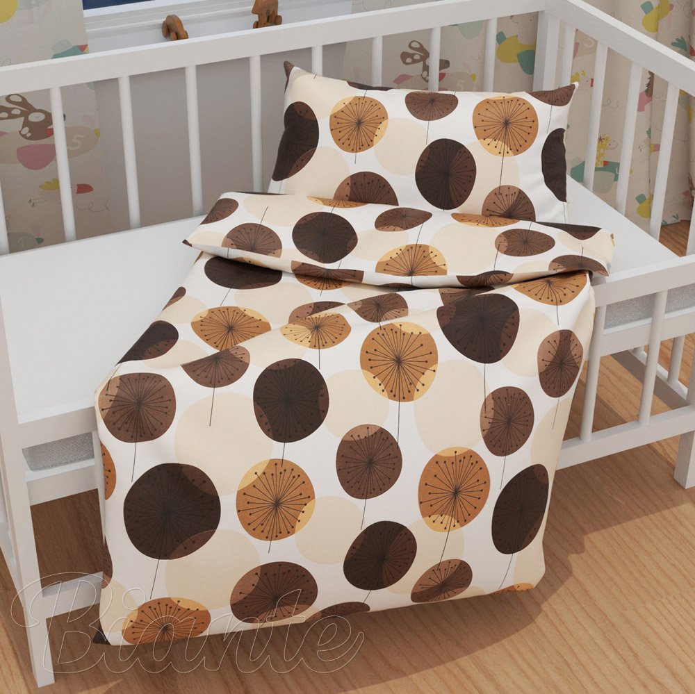 Dětské bavlněné povlečení do postýlky Sandra SA-488 Hnědo-béžové designové pampelišky - detail 1 - Biante.cz